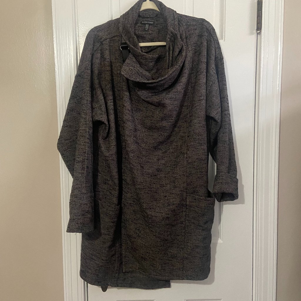 Eileen Fisher Tweed Wool Coat Buckle Close Drape Cowlneck - S / M